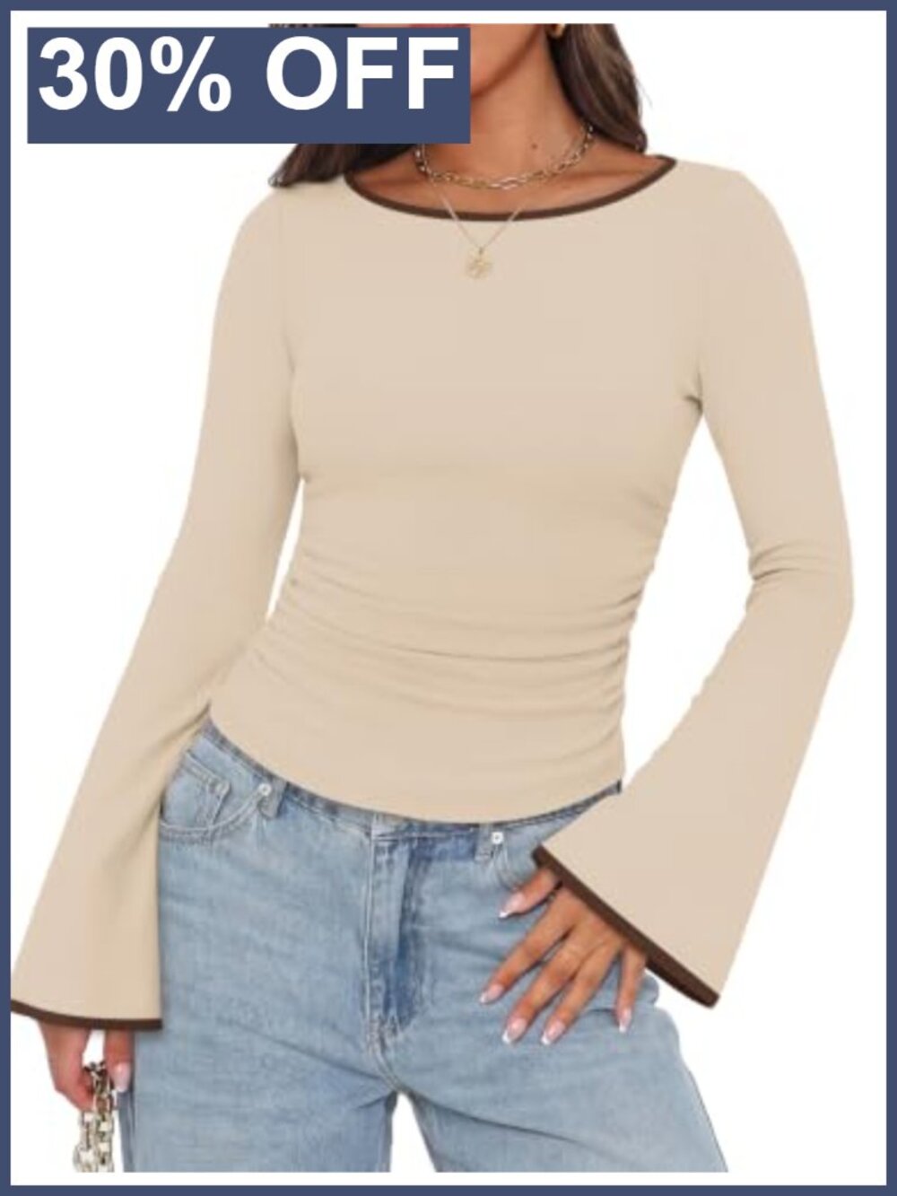 Women's Ribbed Knit Long Bell Sleeve Boat Neck Ruched Fitted Top
